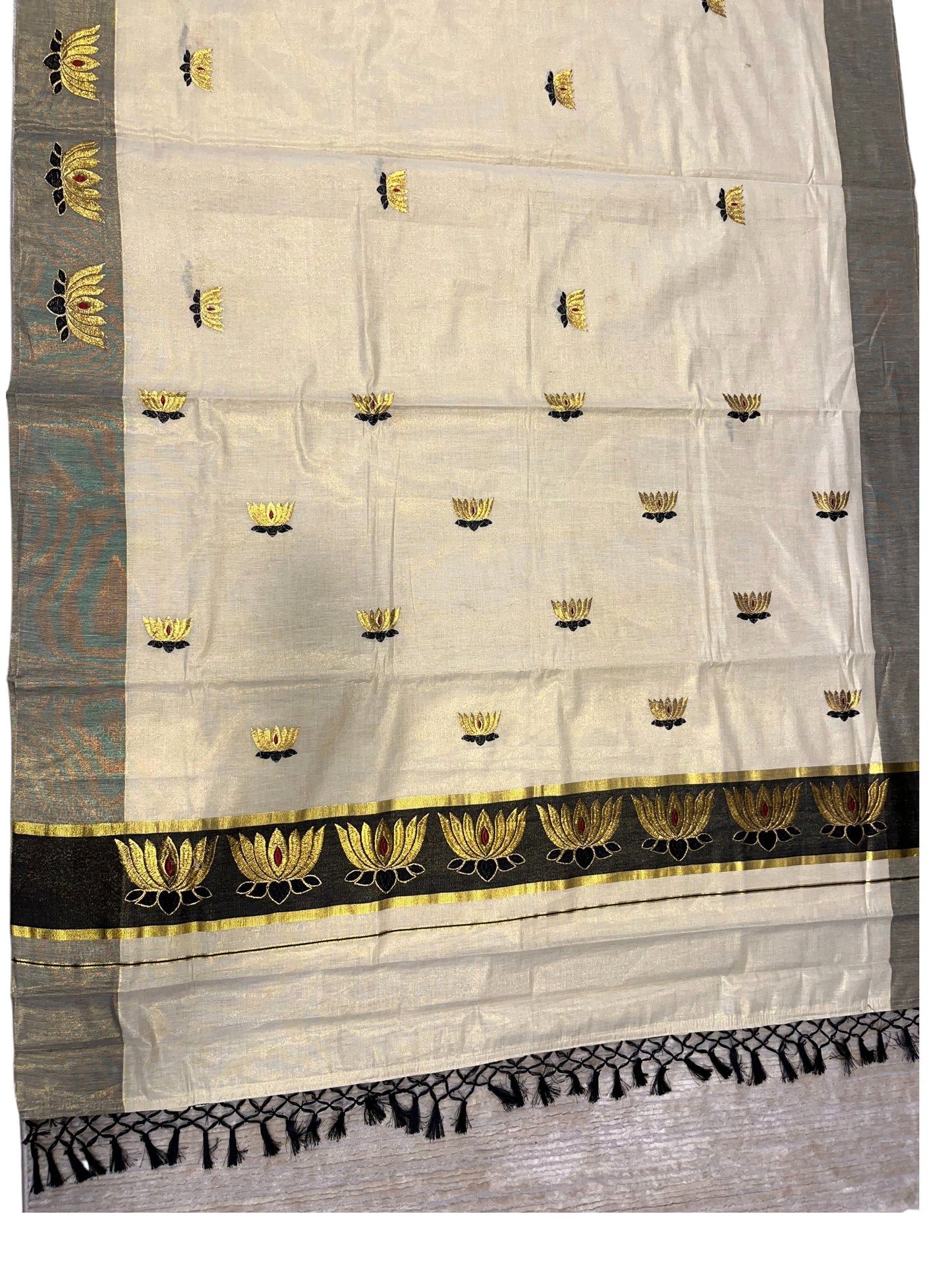 Southloom Kerala Tissue Kasavu Saree with Black And Golden Lotus Embroidary Works on Body