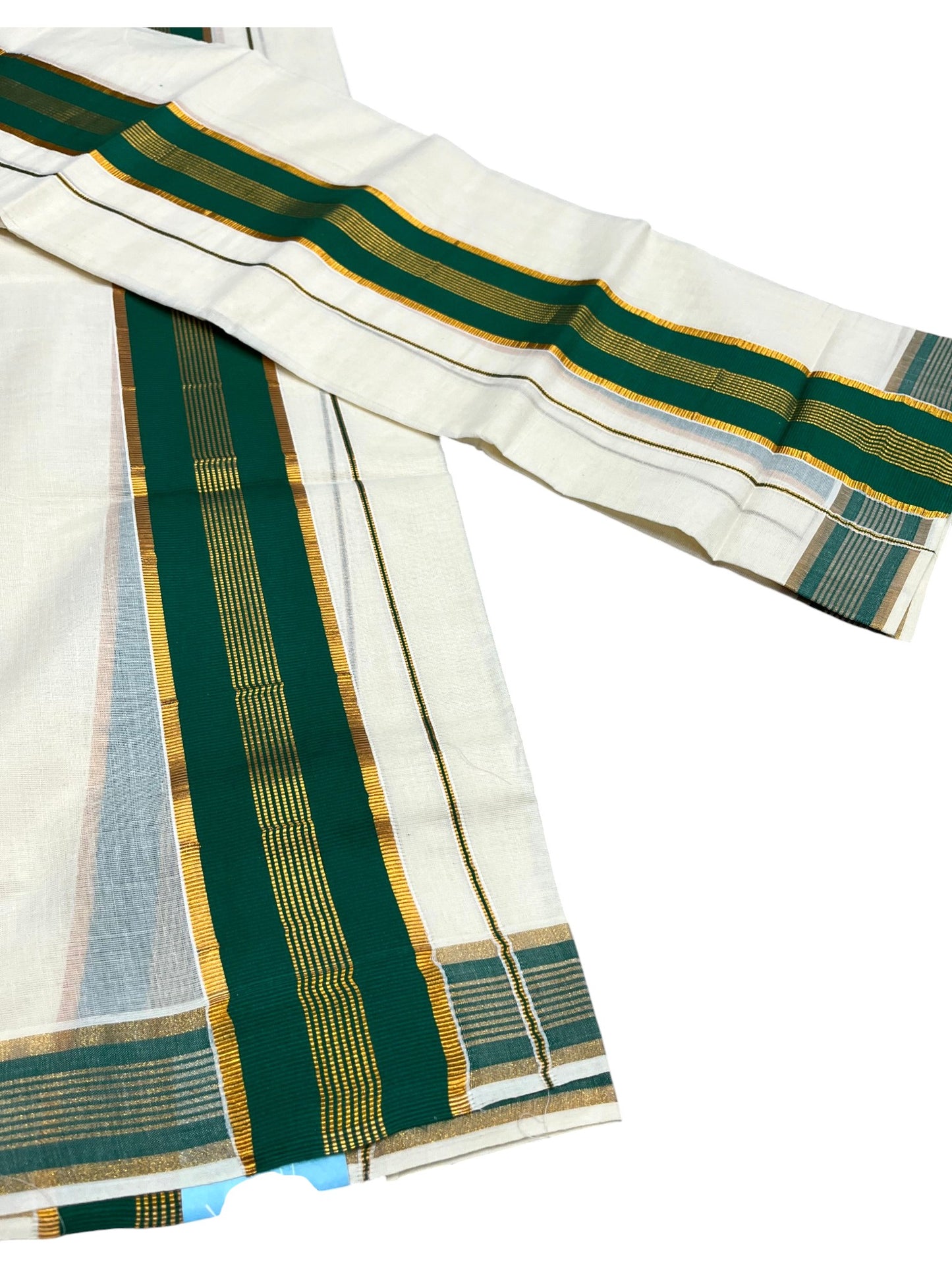Kerala Cotton Set Mundu (Mundum Neriyathum) with Kasavu and Green Border in 2.80 Mtrs SLKK SL470