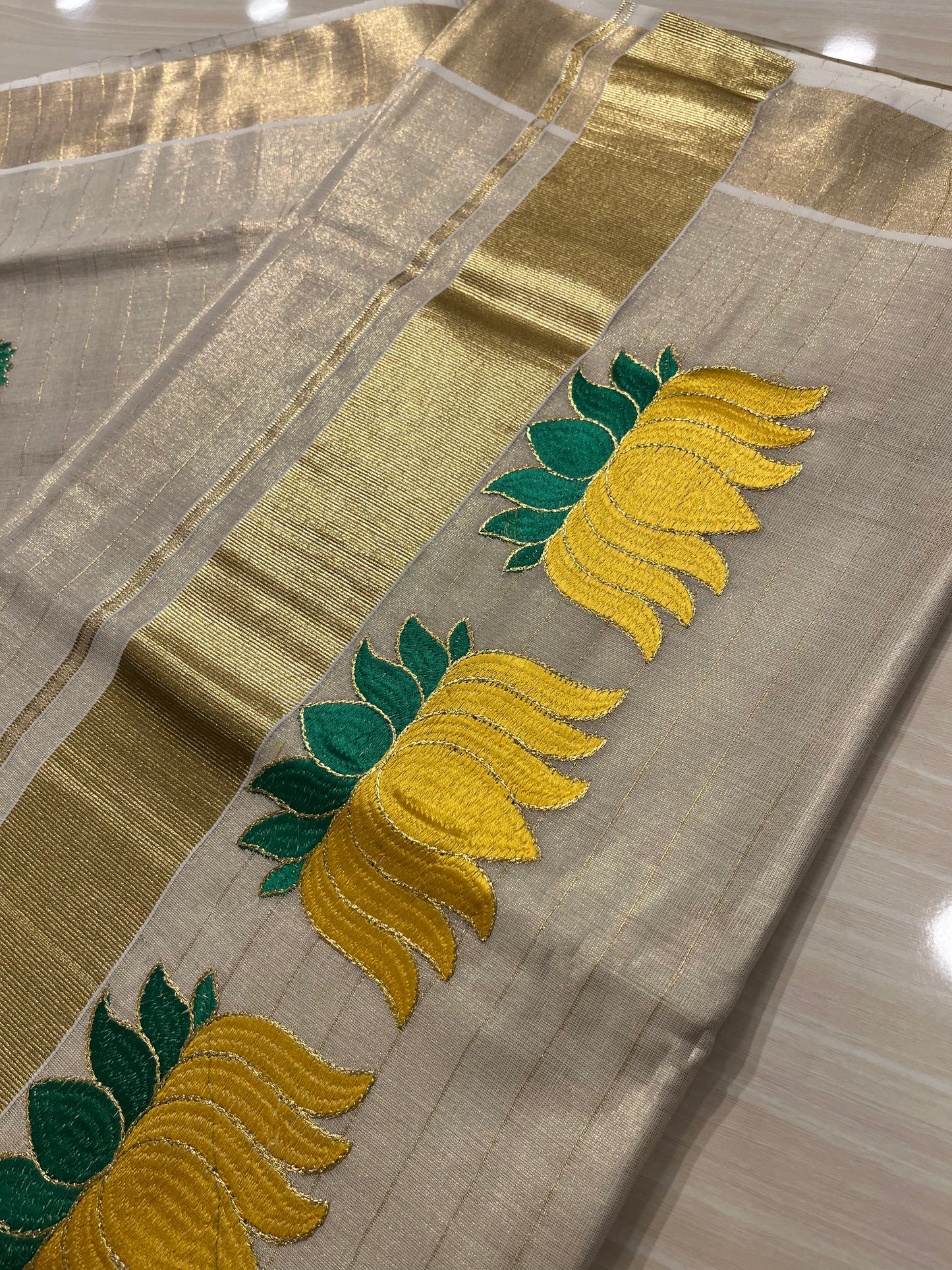 Yellow Lotus Lines Tissue Kerala Saree SL268