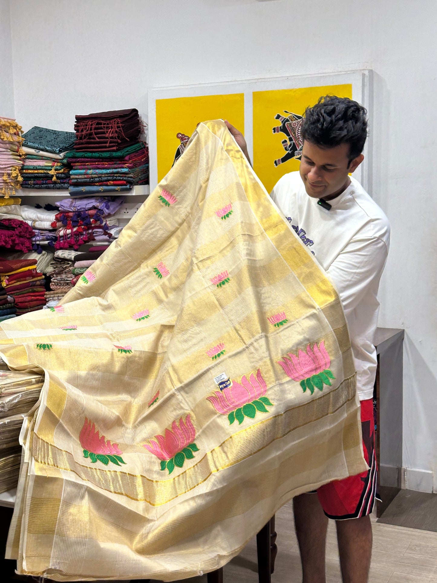 Southloom Lotus Baby Pink and Green Embroidery Check Tissue Saree