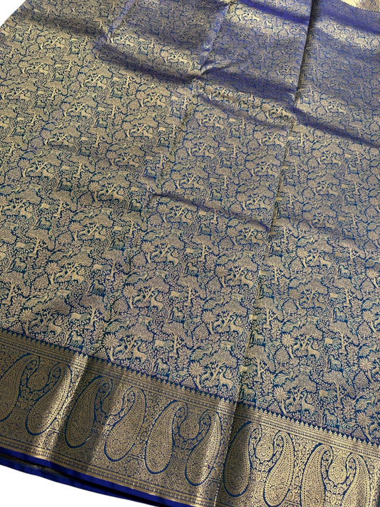 Southloom Pure Handloom Bridal Kanchipuram Brocade Silk Saree (Blue) SL623