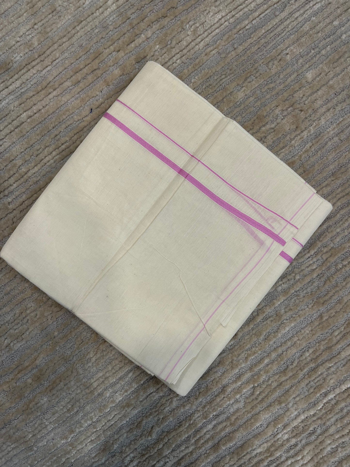 Pure Cotton Double Mundu with Pink Puliyilakkara (South Indian Kerala Dhoti)