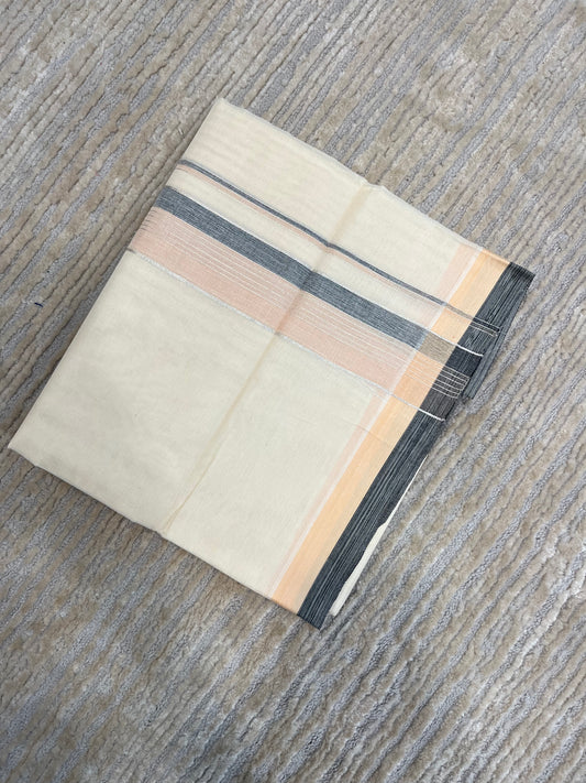 Off White Pure Cotton Double Mundu with Grey and Beige Kara (South Indian Kerala Dhoti)