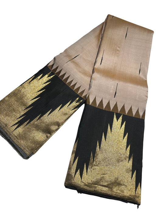 Southloom Pure Handloom Bridal Kanchipuram Silk Saree with Korvai Temple Border (Black & Beige) SL623
