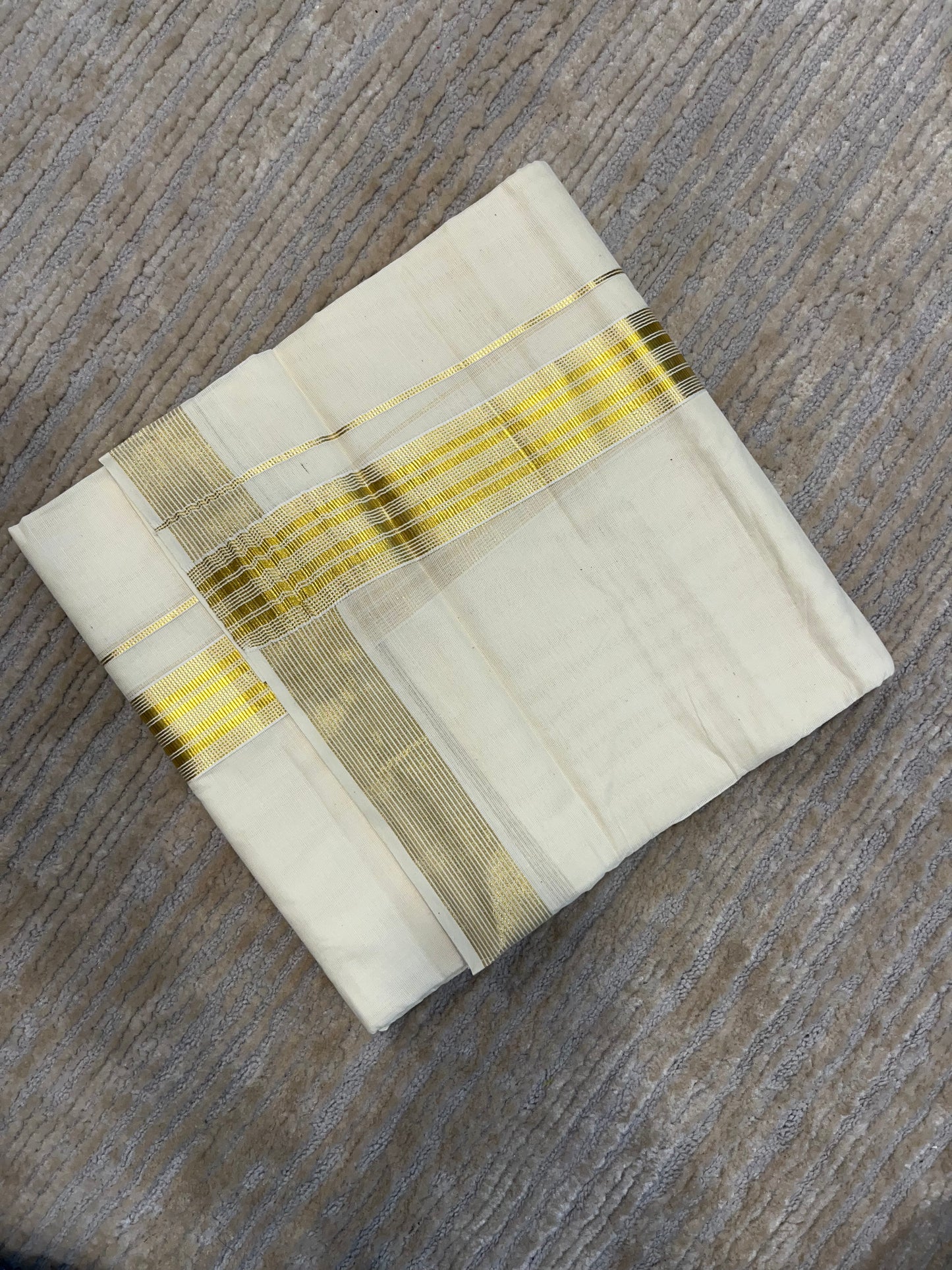 Pure Cotton Off White Double Mundu with Gold Kasavu Lines Kara (South Indian Kerala Dhoti)