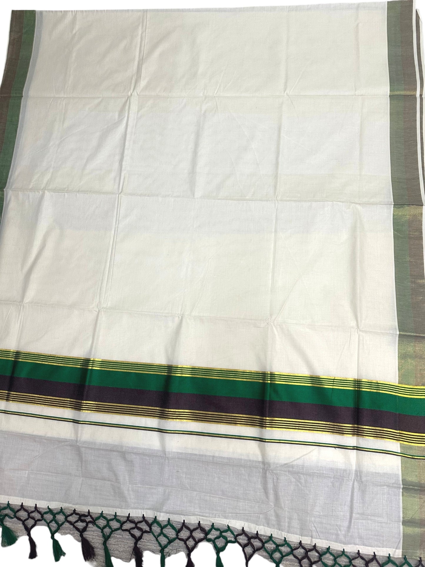 Kerala Cotton Kasavu Saree With Green And Dark Purple Borders SL499