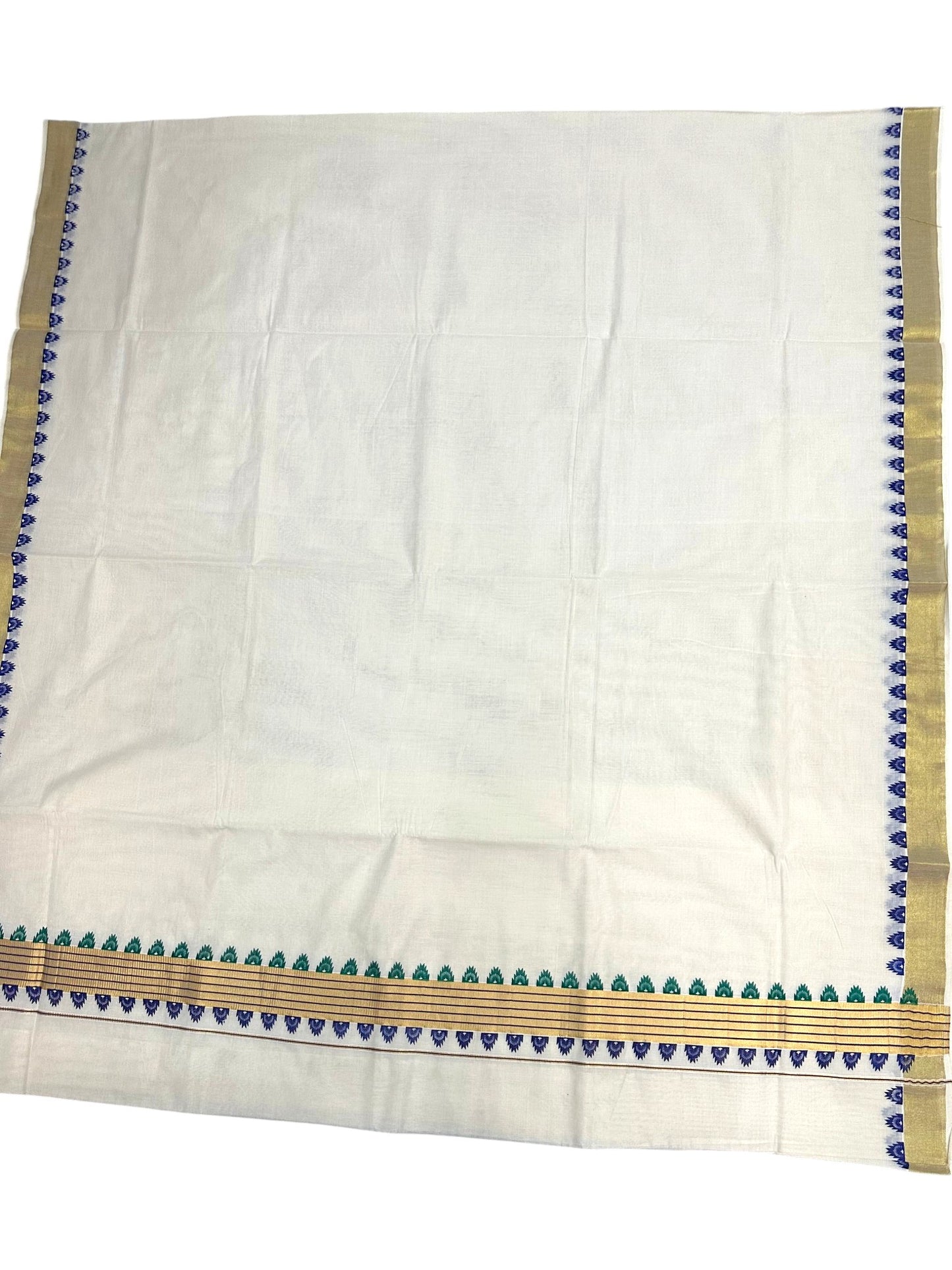 Southloom Kerala Cotton Kasavu Saree With Blue and Green Printed Borders