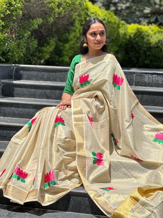 Southloom Tissue Kerala Kasavu Saree with Lotus Embroidery Design in Pink and Green SL289