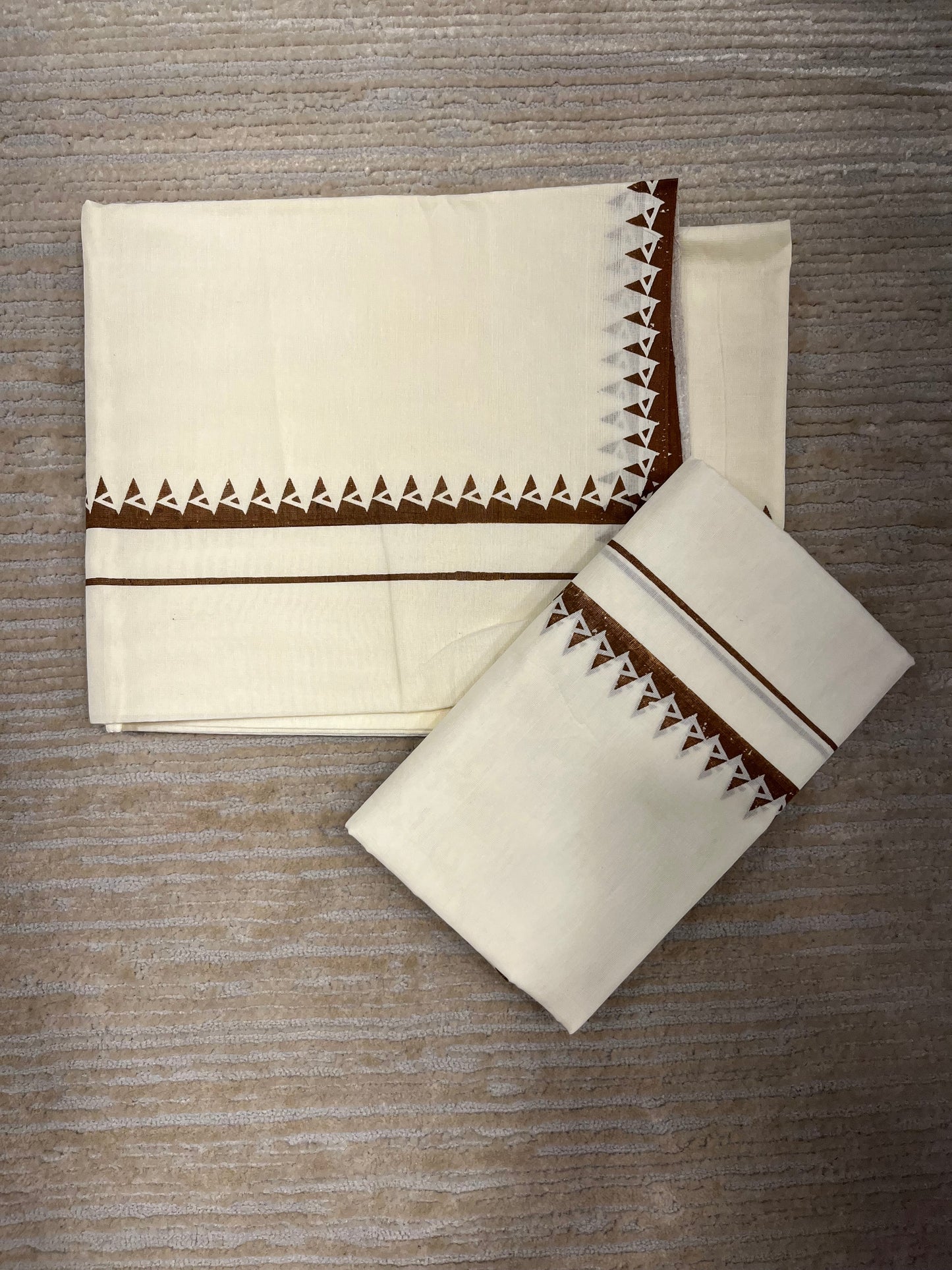 Kerala Cotton Set Mundu (Mundum Neriyathum) with Brown Block Prints on Body