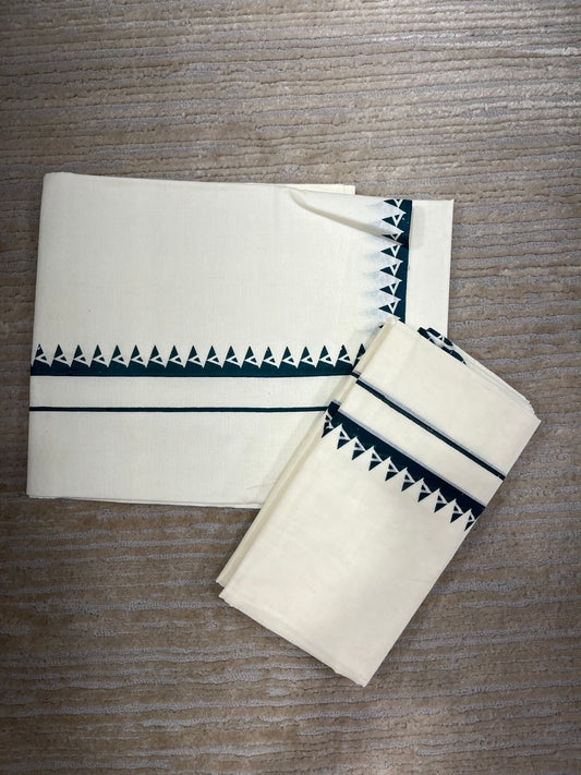 Kerala Cotton Set Mundu (Mundum Neriyathum) with Green Block Prints on Body