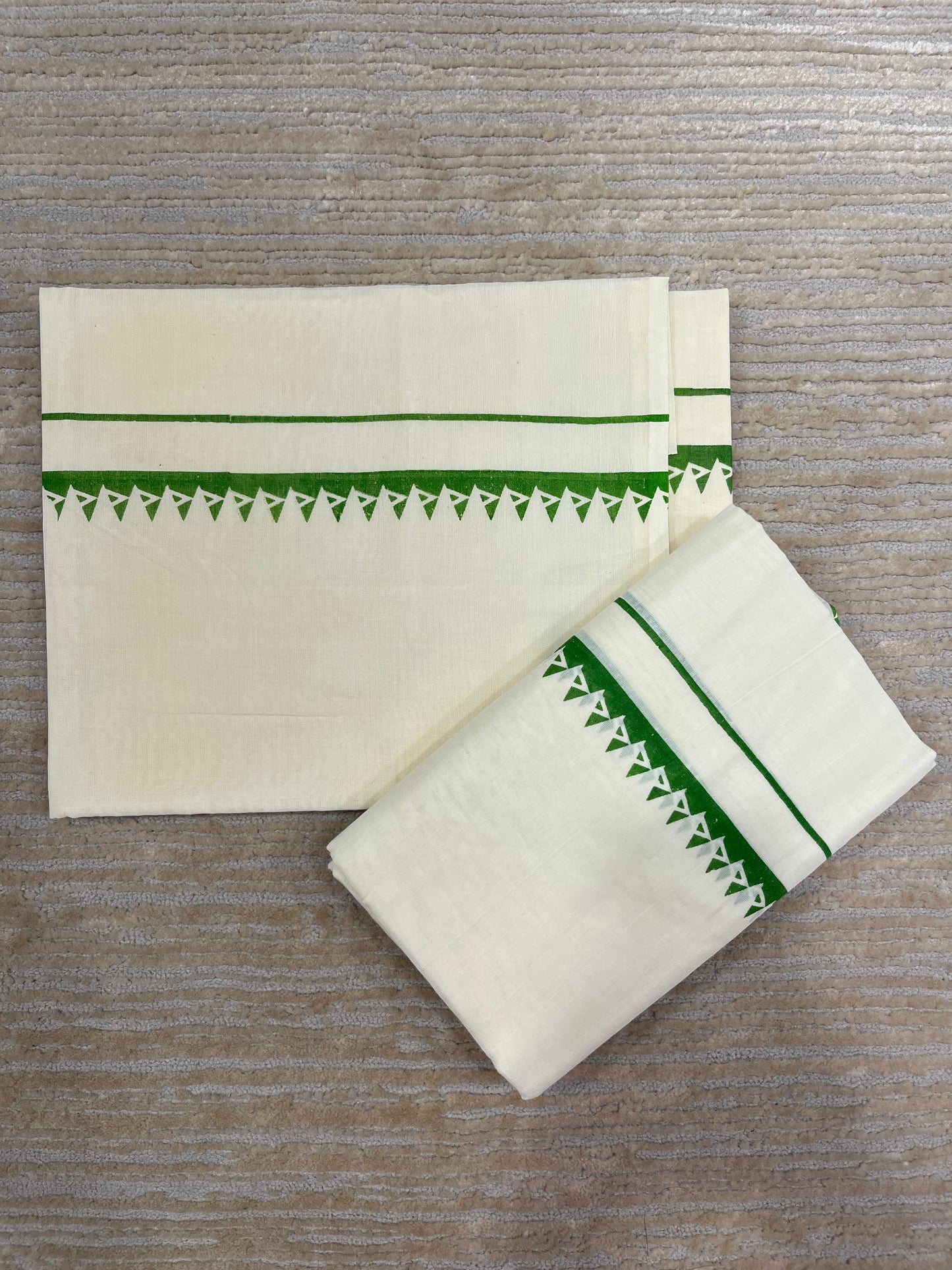 Kerala Cotton Set Mundu (Mundum Neriyathum) with Olive Green Block Prints on Body