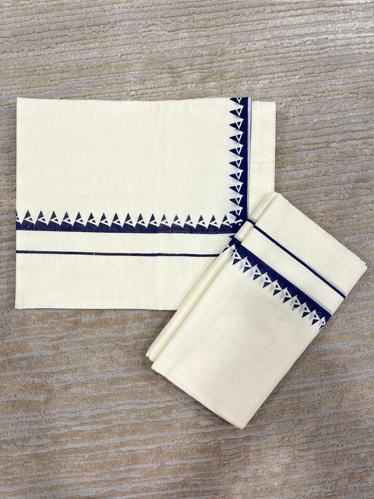 Kerala Cotton Set Mundu (Mundum Neriyathum) with Blue Block Prints on Body