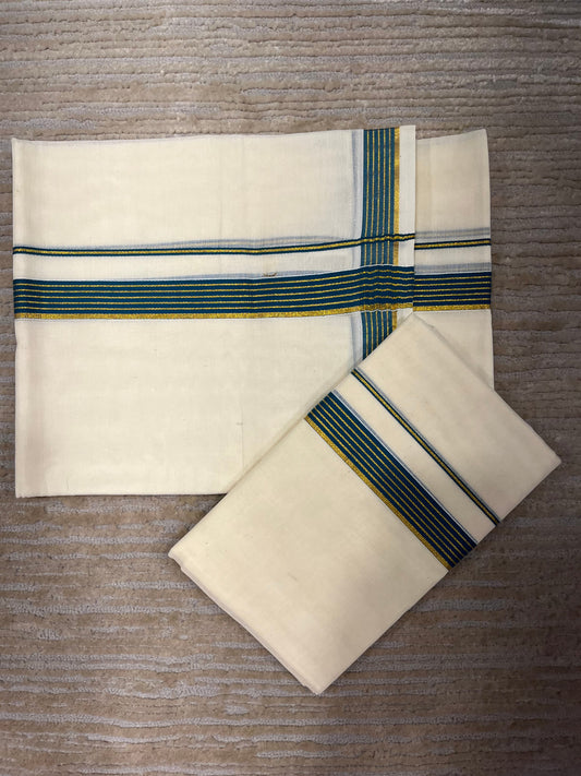 Kerala Cotton Set Mundu (Mundum Neriyathum) with Peacock Green and Kasavu Border