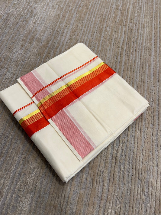 Southloom Pure Cotton Mundu with Gold Lines and Orange Border (South Indian Kerala Dhoti)