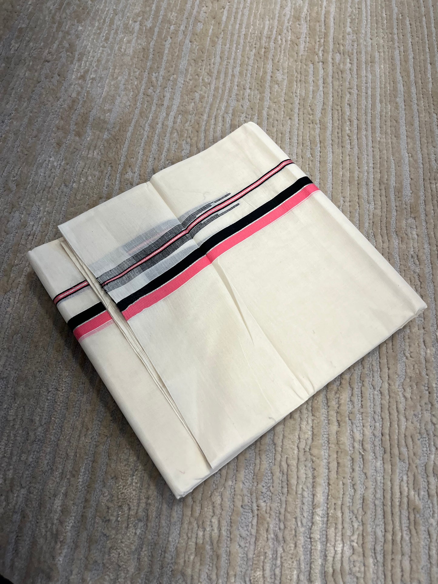 Southloom Pure Cotton Mundu with Black and Pink Chutti kara (South Indian Kerala Dhoti)