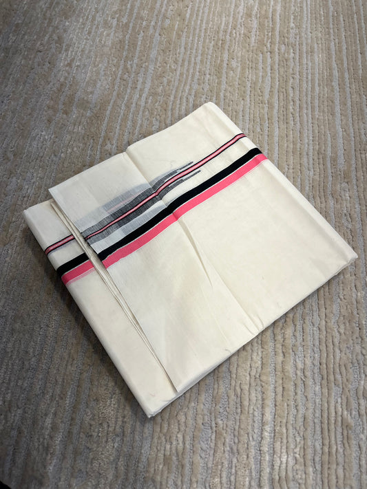 Southloom Pure Cotton Mundu with Black and Pink Chutti kara (South Indian Kerala Dhoti)