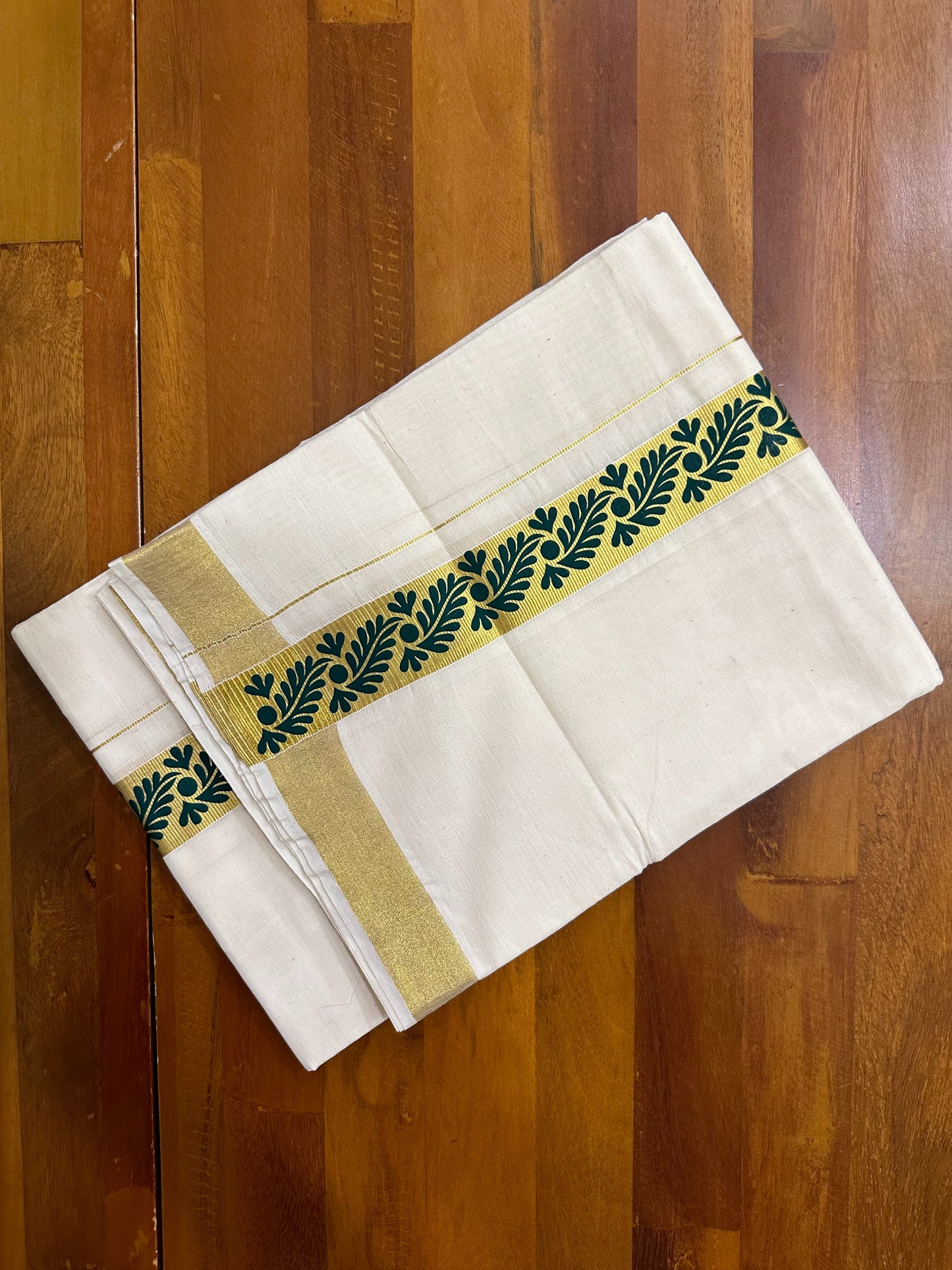 Southloom Kasavu Double Mundu with Green Tribal / Retro Prints on Kara