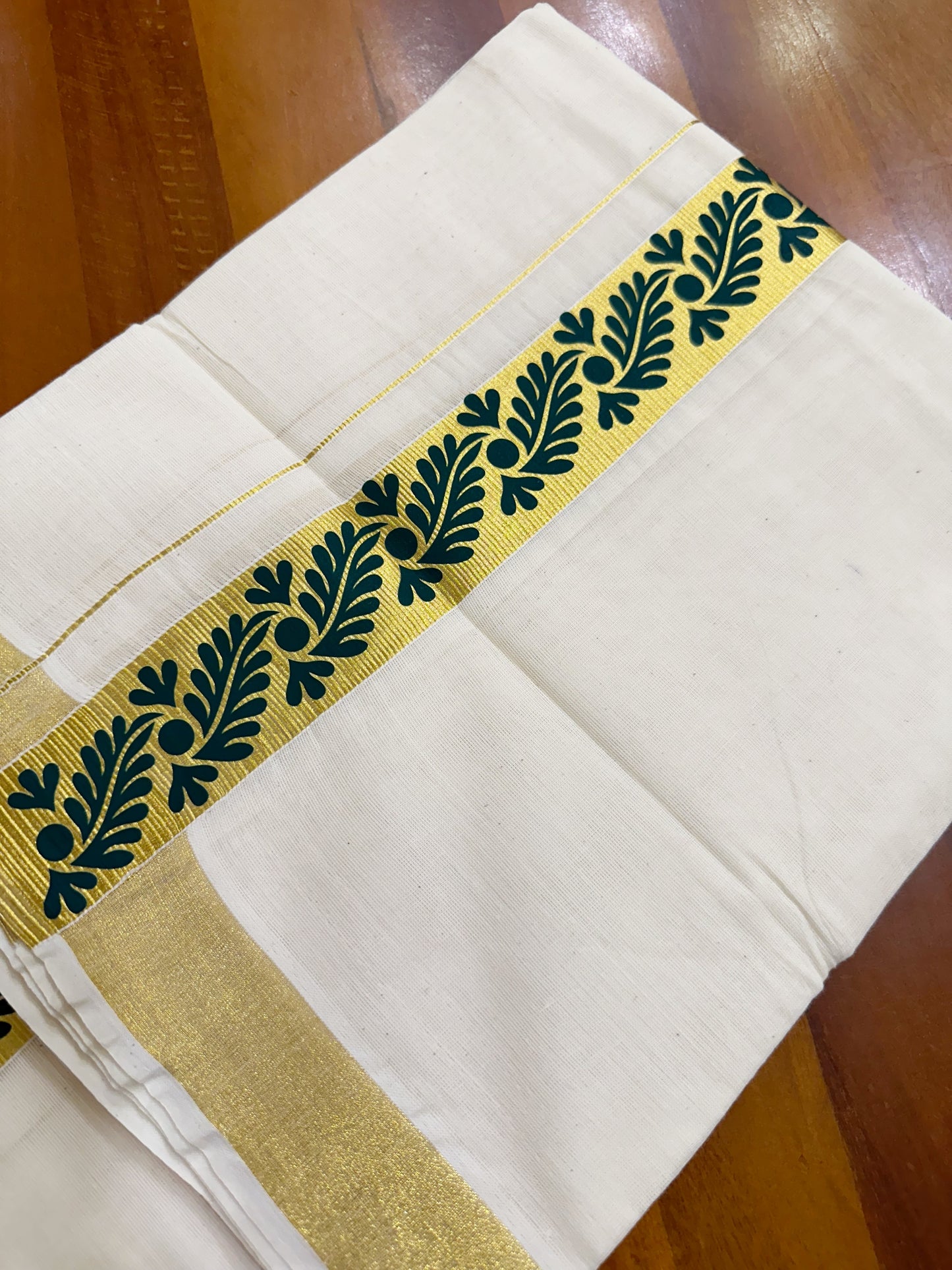 Southloom Kasavu Double Mundu with Green Tribal / Retro Prints on Kara
