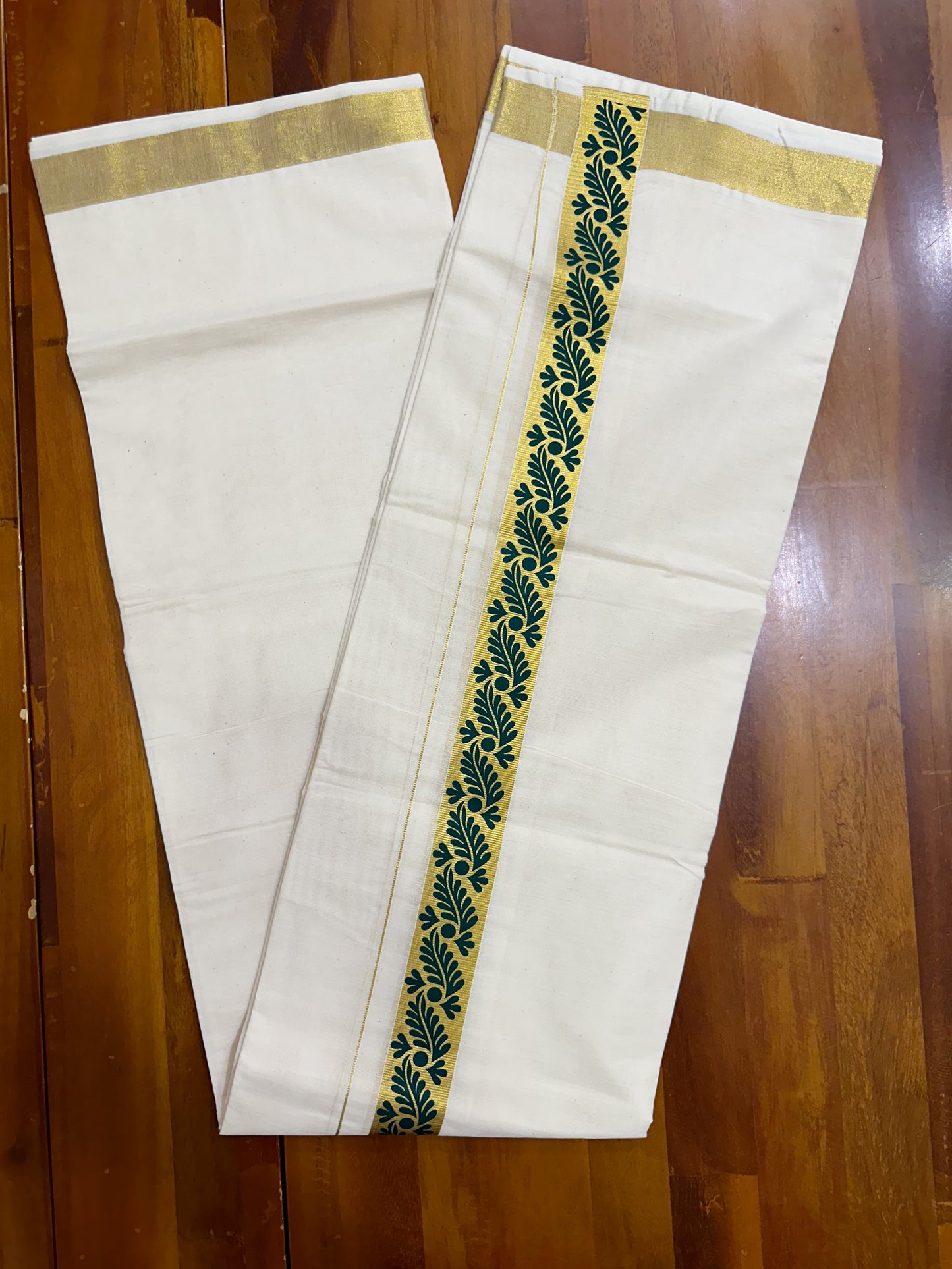 Southloom Kasavu Double Mundu with Green Tribal / Retro Prints on Kara