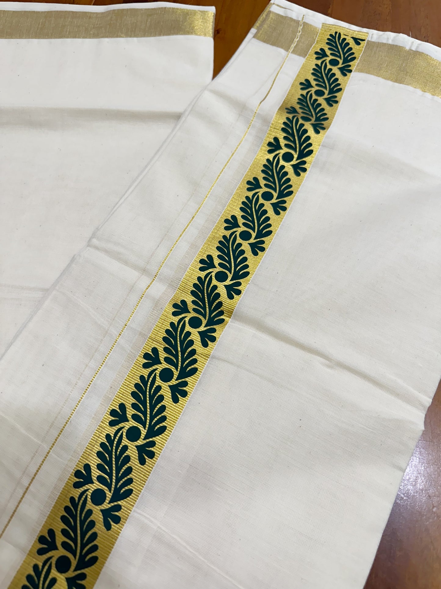 Southloom Kasavu Double Mundu with Green Tribal / Retro Prints on Kara