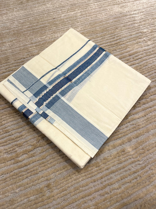Southloom Pure Cotton Mundu with Silver Lines and Blue Border (South Indian Kerala Dhoti)
