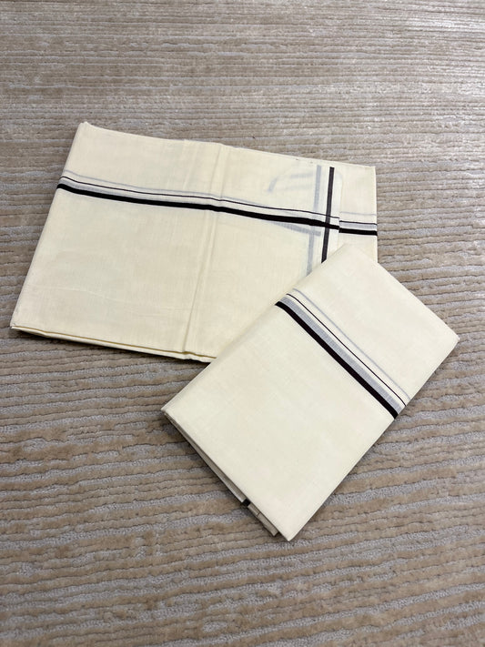 Kerala Cotton Mundum Neriyathum Single (Set Mundu) with Brown Puliyilakkara (Onam Set Mundu 2025)
