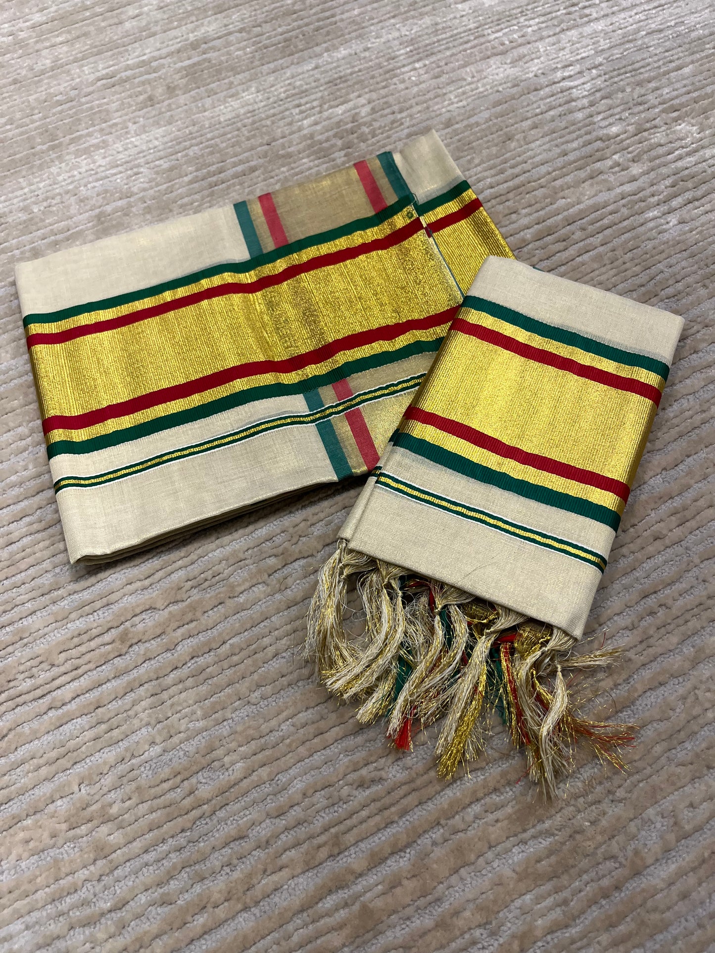Kerala Tissue Kasavu Set Mundu (Mundum Neriyathum) with Maroon and Green Border 2.80Mtr