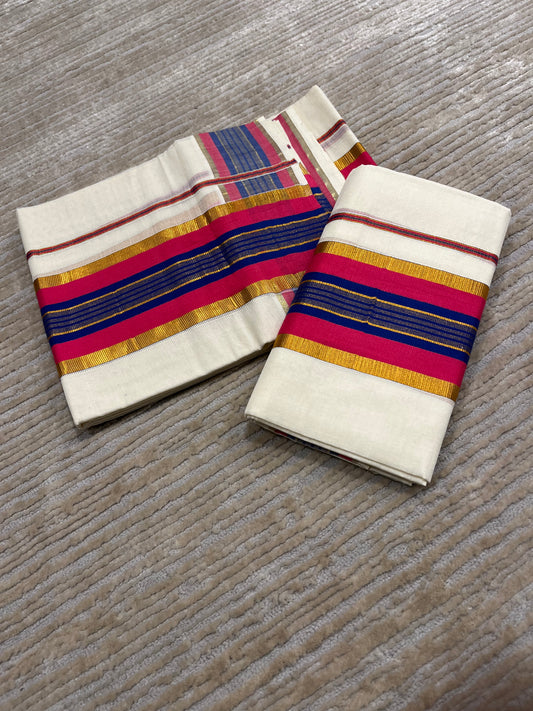 Kerala Cotton Kasavu Set Mundu (Mundum Neriyathum) with Magenta and Blue Border 2.80 Mtrs