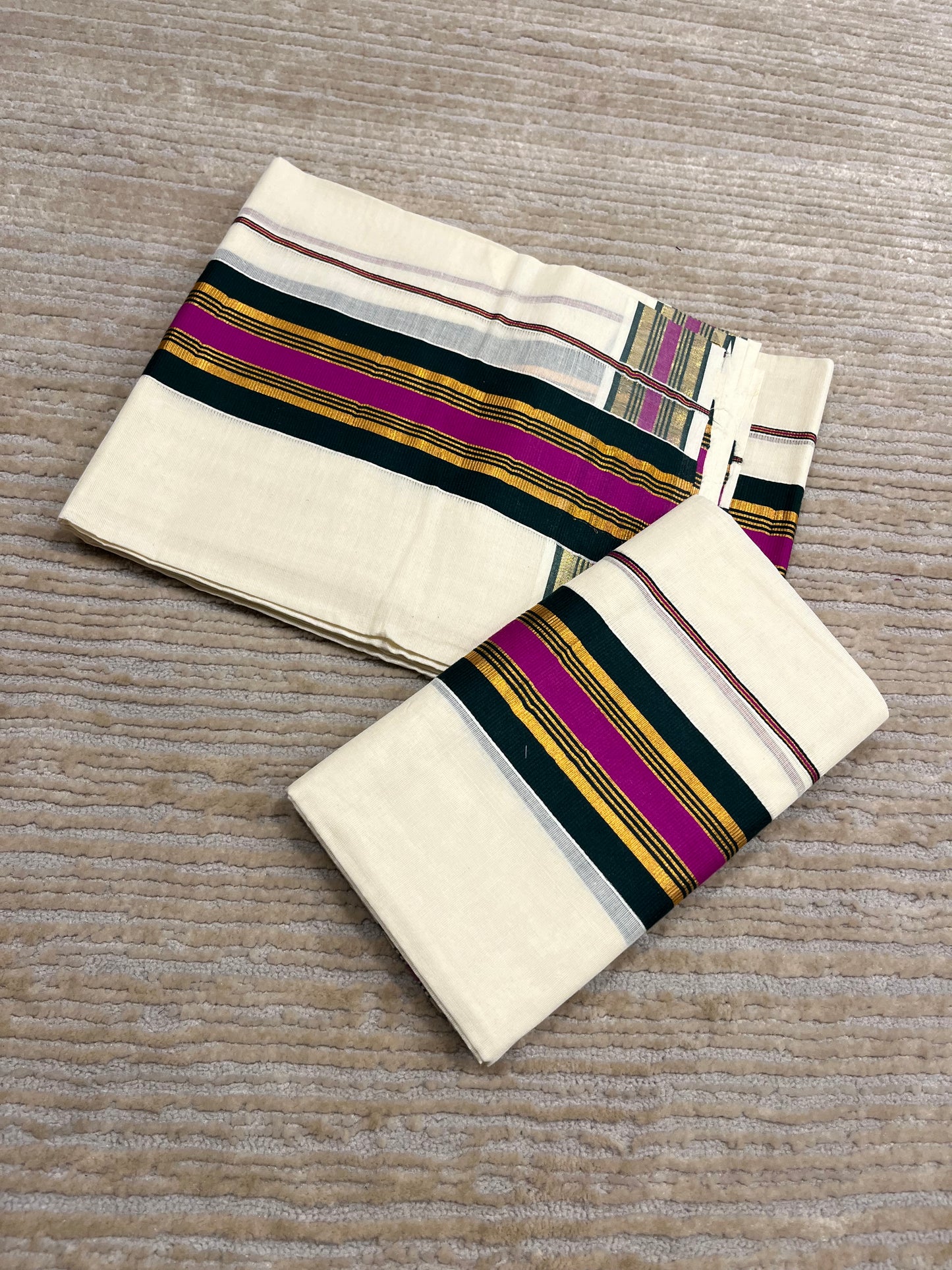 Kerala Cotton Kasavu Set Mundu (Mundum Neriyathum) with Magenta and Green Border 2.80 Mtrs