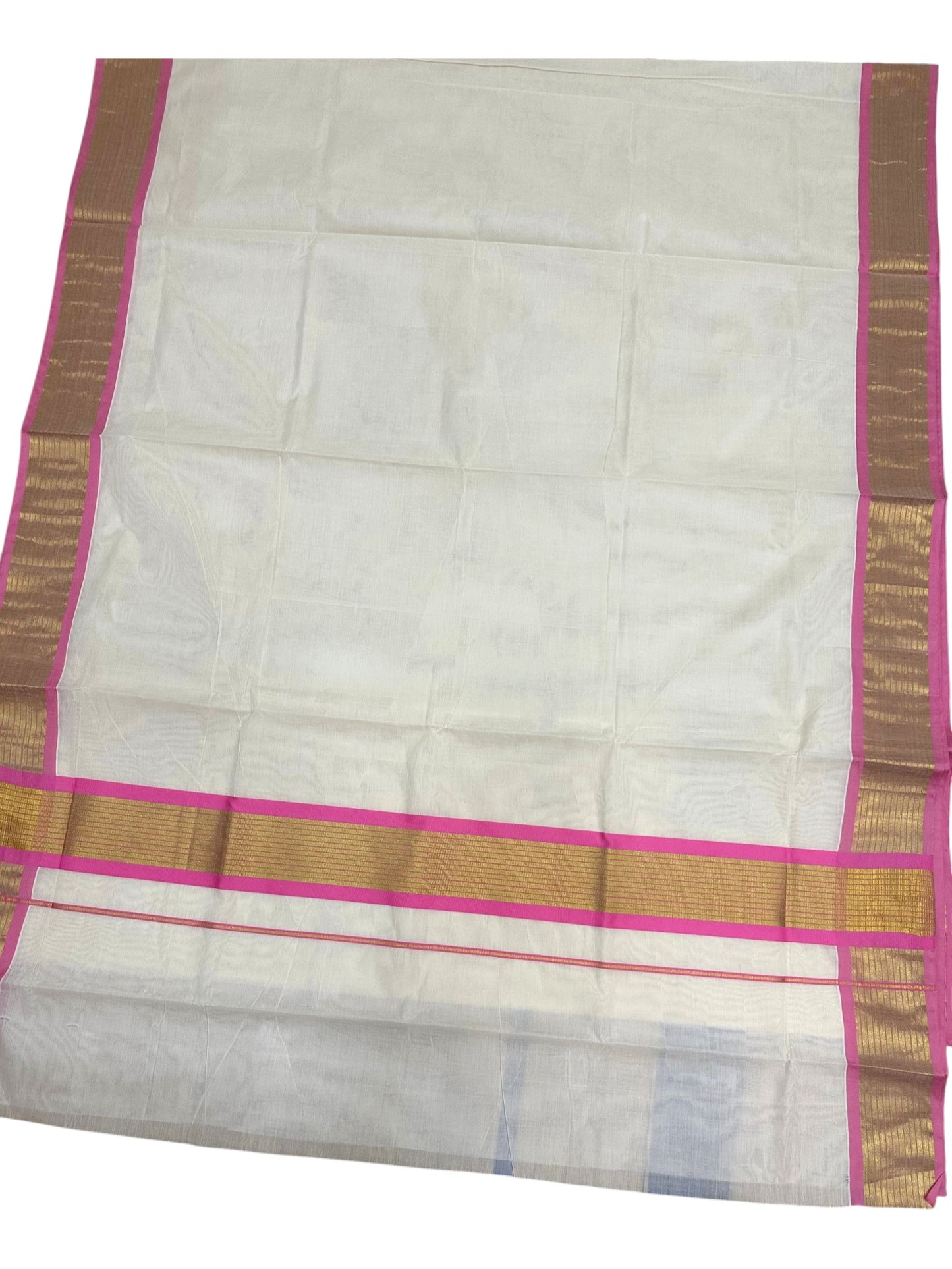 Kerala Cotton Saree With Pink And Gold Lines On Border SL430