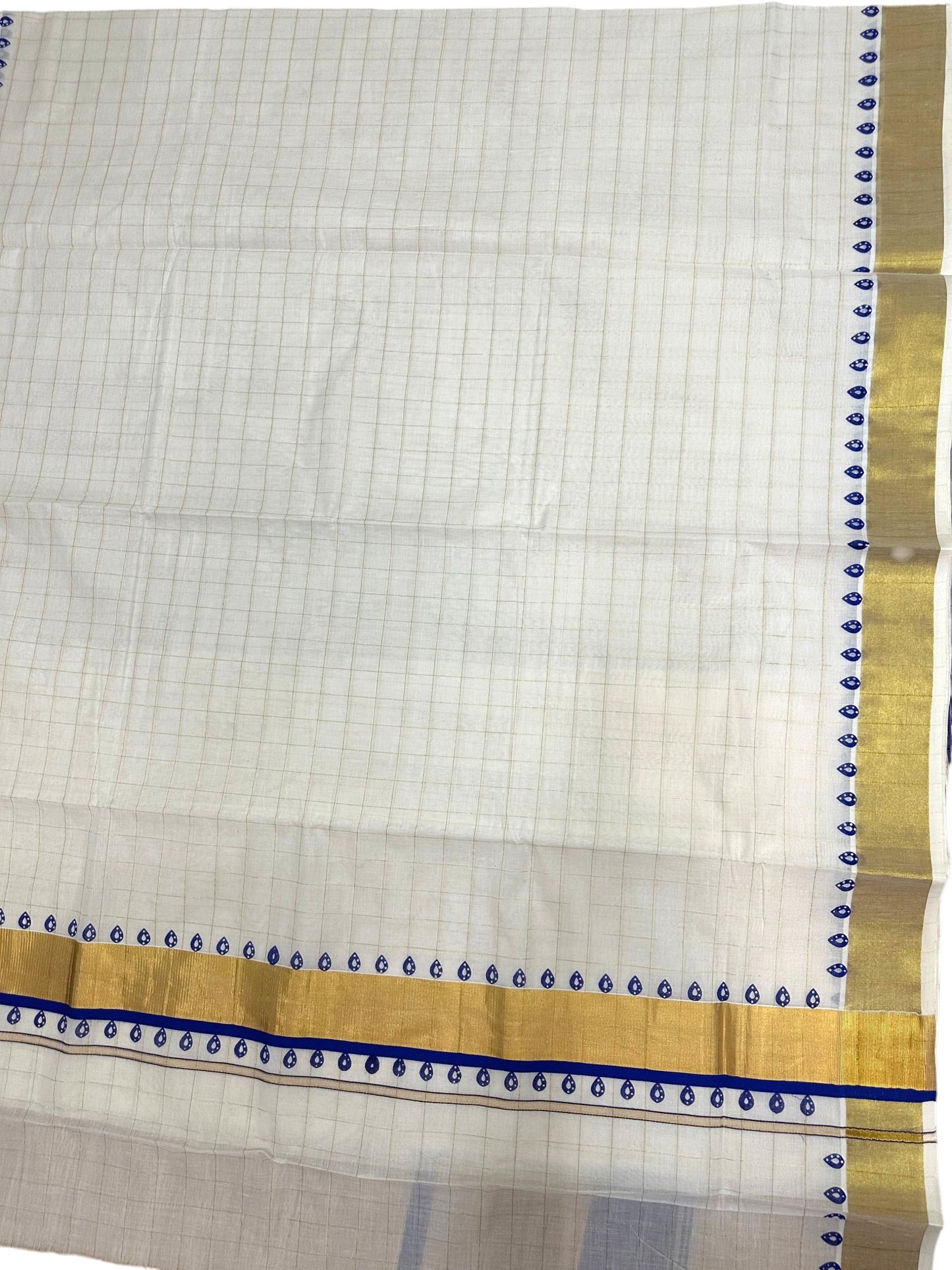 Southloom Kerala Cotton Kasavu Saree With Check Design On Body And Blue Prints On Borders