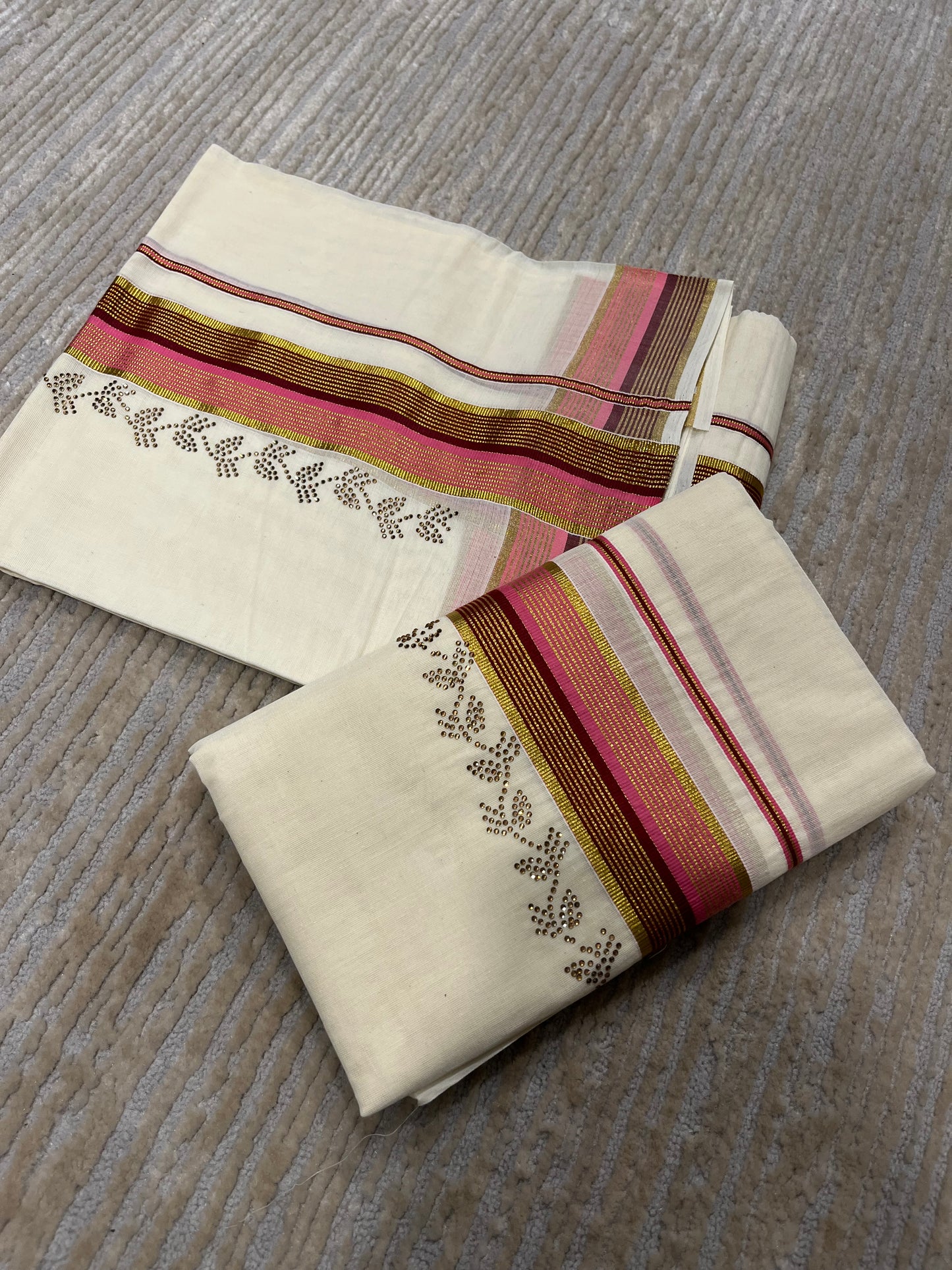 Kerala Cotton Kasavu Set Mundu (Mundum Neriyathum) with Pink and Maroon Border and Sequins works