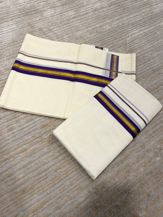 Kerala Cotton Kasavu Set Mundu (Mundum Neriyathum) with Gold and Violet Border