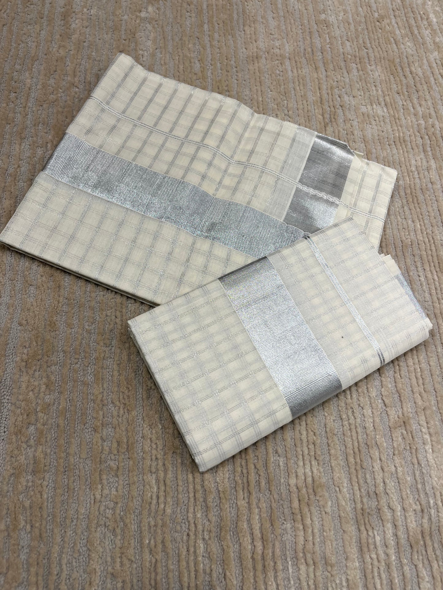 Kerala Cotton Set Mundu (Mundum Neriyathum) with Silver Kasavu Check on Body 2.80 Mtrs