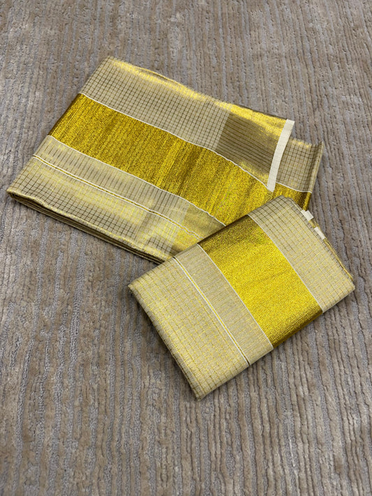Kerala Tissue Set Mundu (Mundum Neriyathum) with Gold Kasavu Check on Body