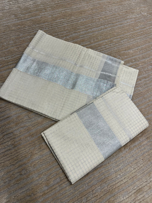 Kerala Cotton Set Mundu (Mundum Neriyathum) with Silver Kasavu Check on Body 2.80 Mtrs