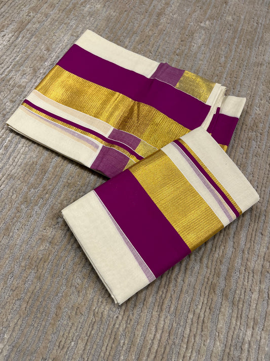 Kerala Cotton Set Mundu (Mundum Neriyathum) with Magenta and Kasavu Border 2.80 Mtrs