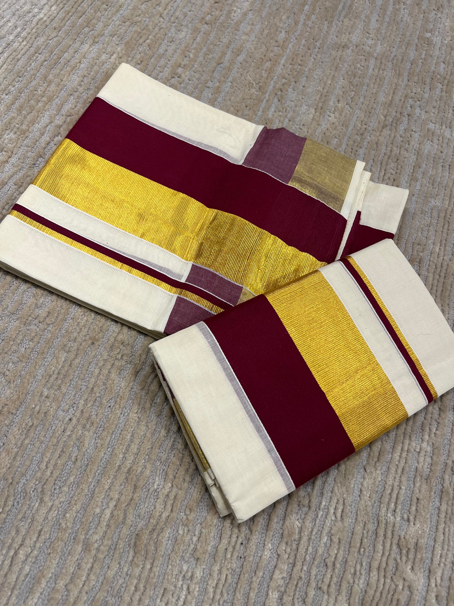 Kerala Cotton Set Mundu (Mundum Neriyathum) with Purple and Kasavu Border 2.80 Mtrs