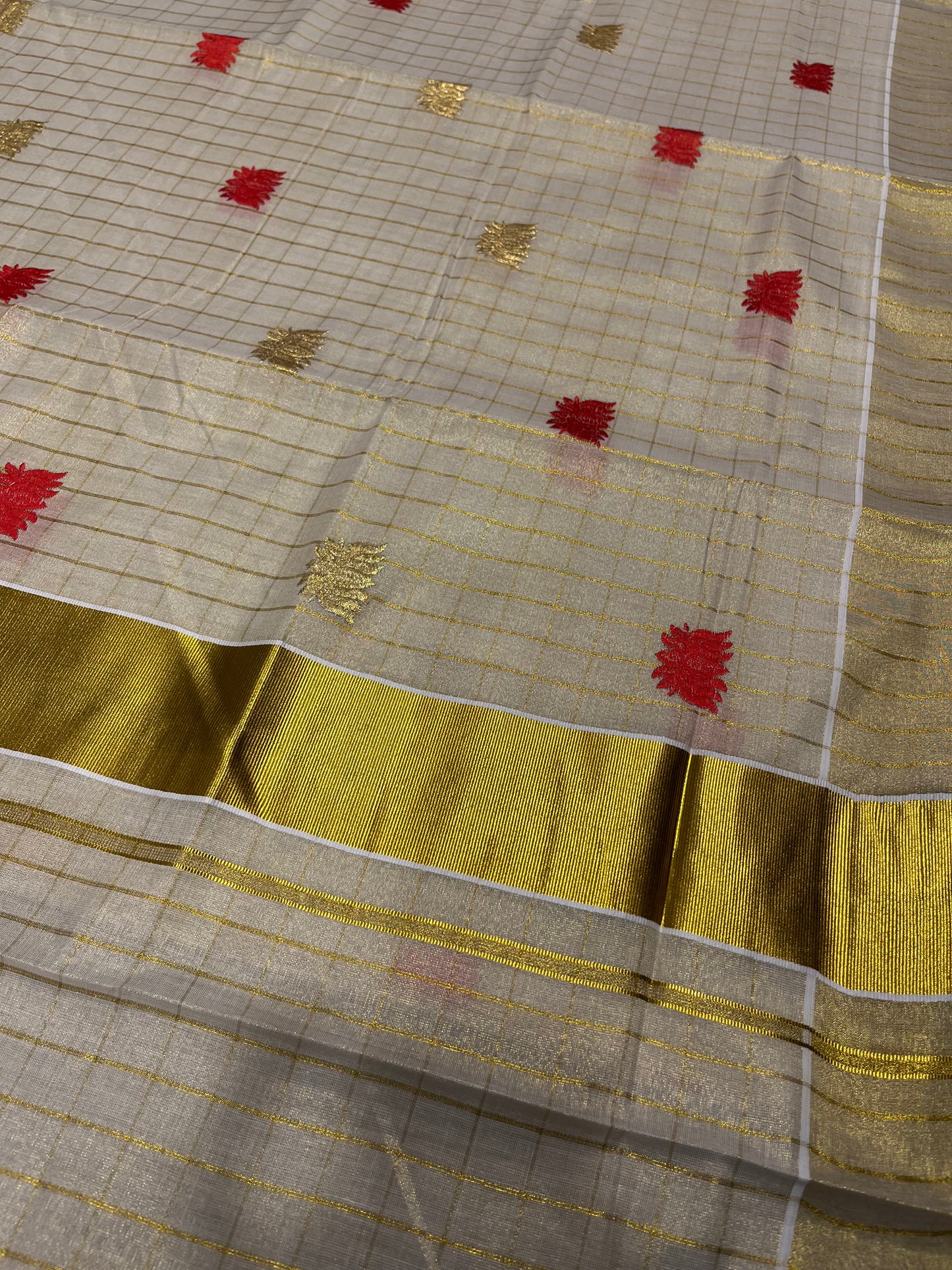 Southloom Kerala Tissue Kasavu Check Saree with Red Lotus Embroidery Works