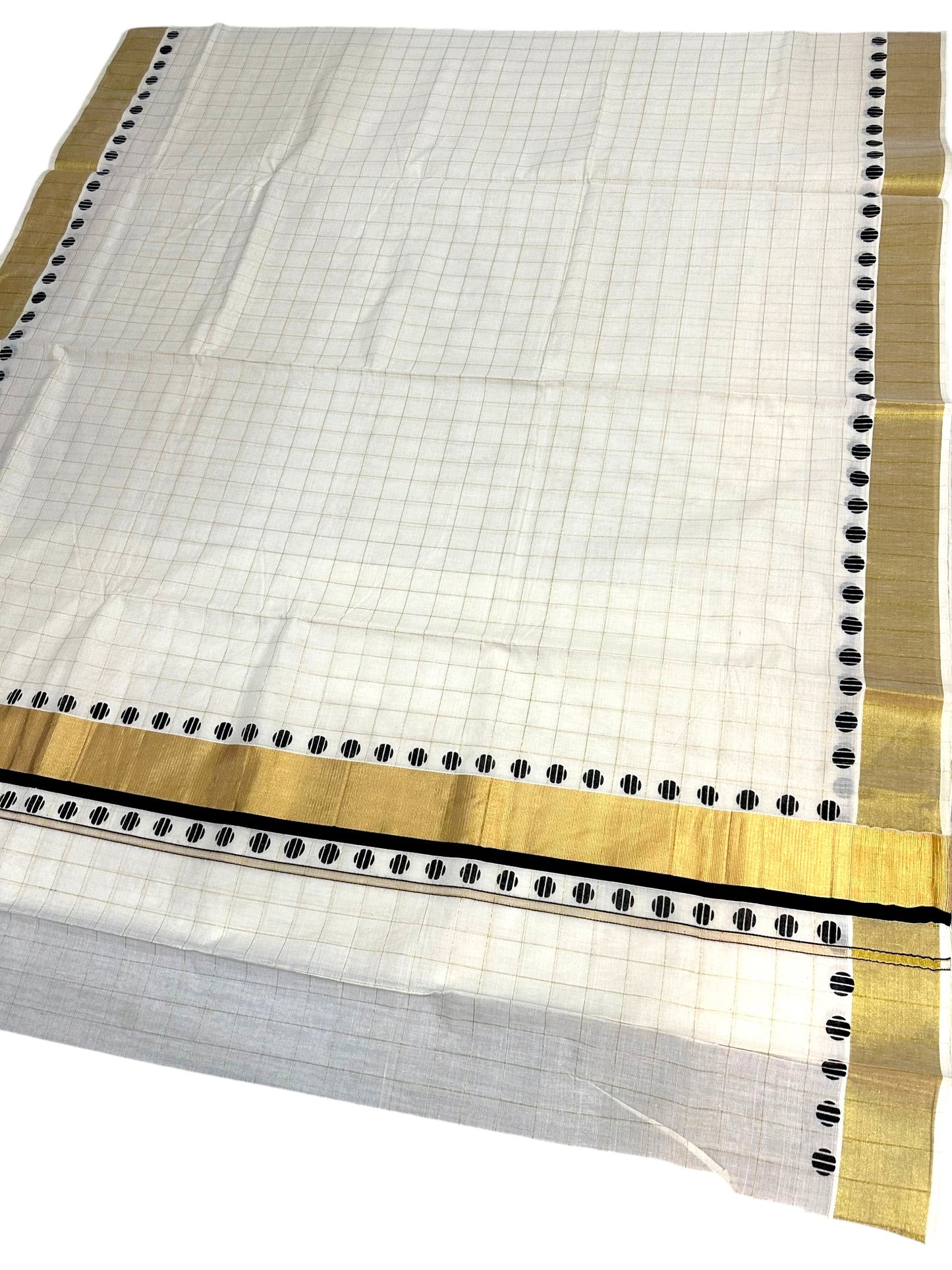 Southloom Kerala Cotton Kasavu Saree With Check Design On Body And Black Polka Dot Design On Borders