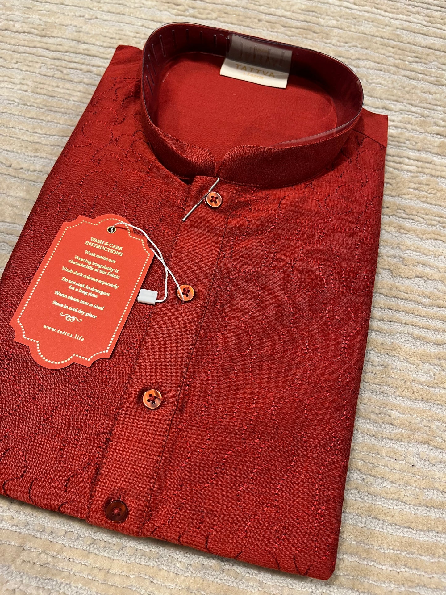 Southloom Semi Silk Short Kurta for Men in Reddish Maroon Colour