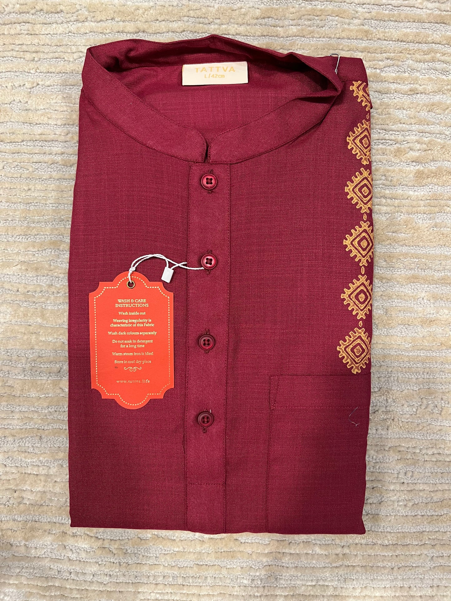 Southloom Semi Silk Short Kurta for Men in Maroon Colour
