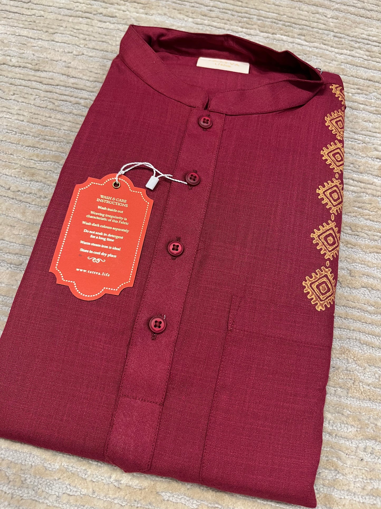 Southloom Semi Silk Short Kurta for Men in Maroon Colour