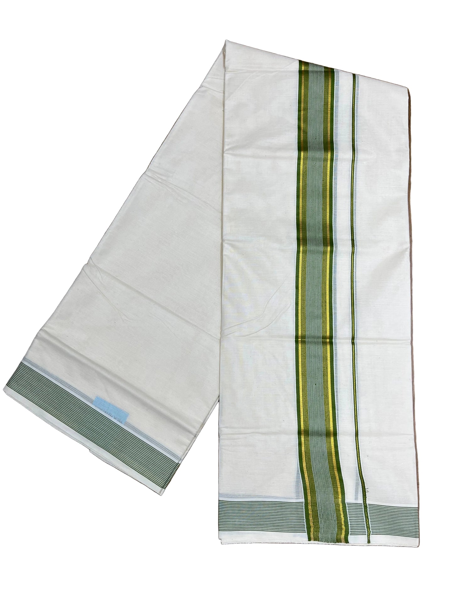 Southloom Pure Cotton Mundu with Gold Lines &Green Border (South Indian Kerala Dhoti)