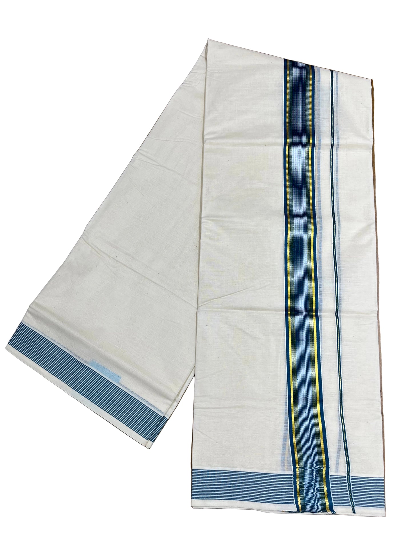 Southloom Pure Cotton Mundu with Gold lines& Blue Border (South Indian Kerala Dhoti)