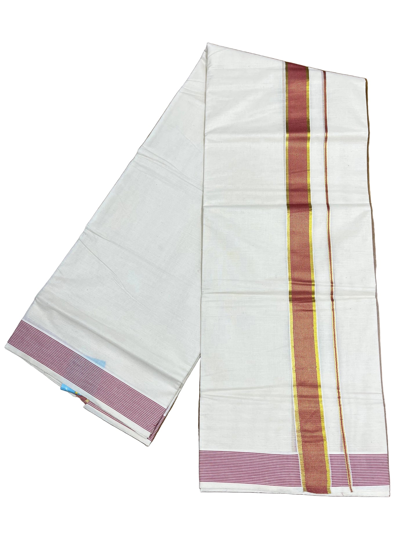 Southloom Pure Cotton Mundu with Peach lines Border (South Indian Kerala Dhoti)