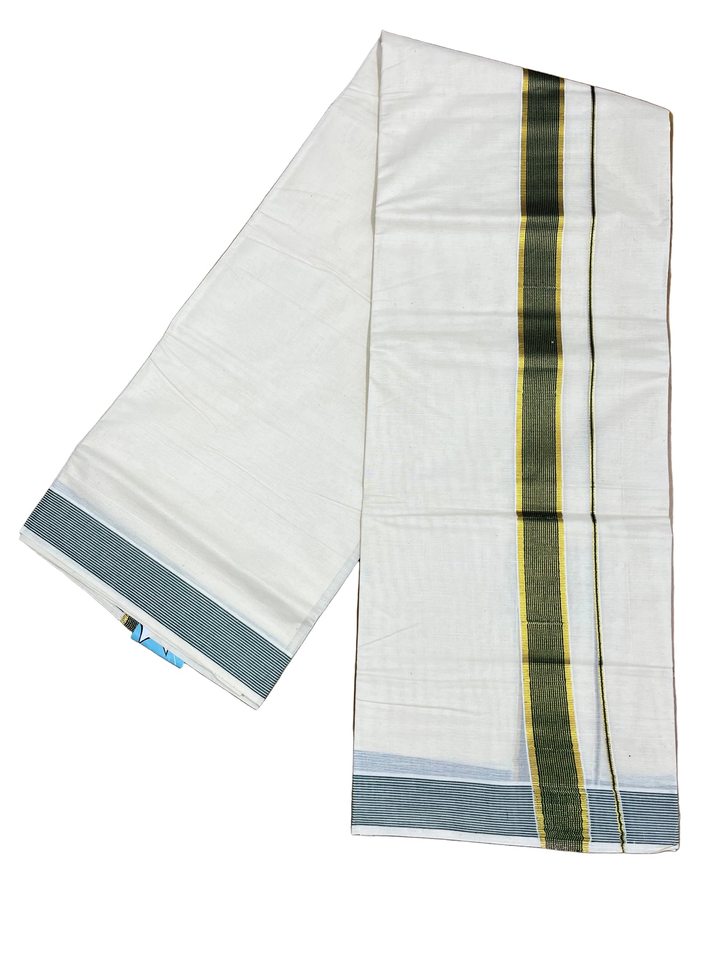 Southloom Pure Cotton Mundu with Green Lines Border (South Indian Kerala Dhoti)