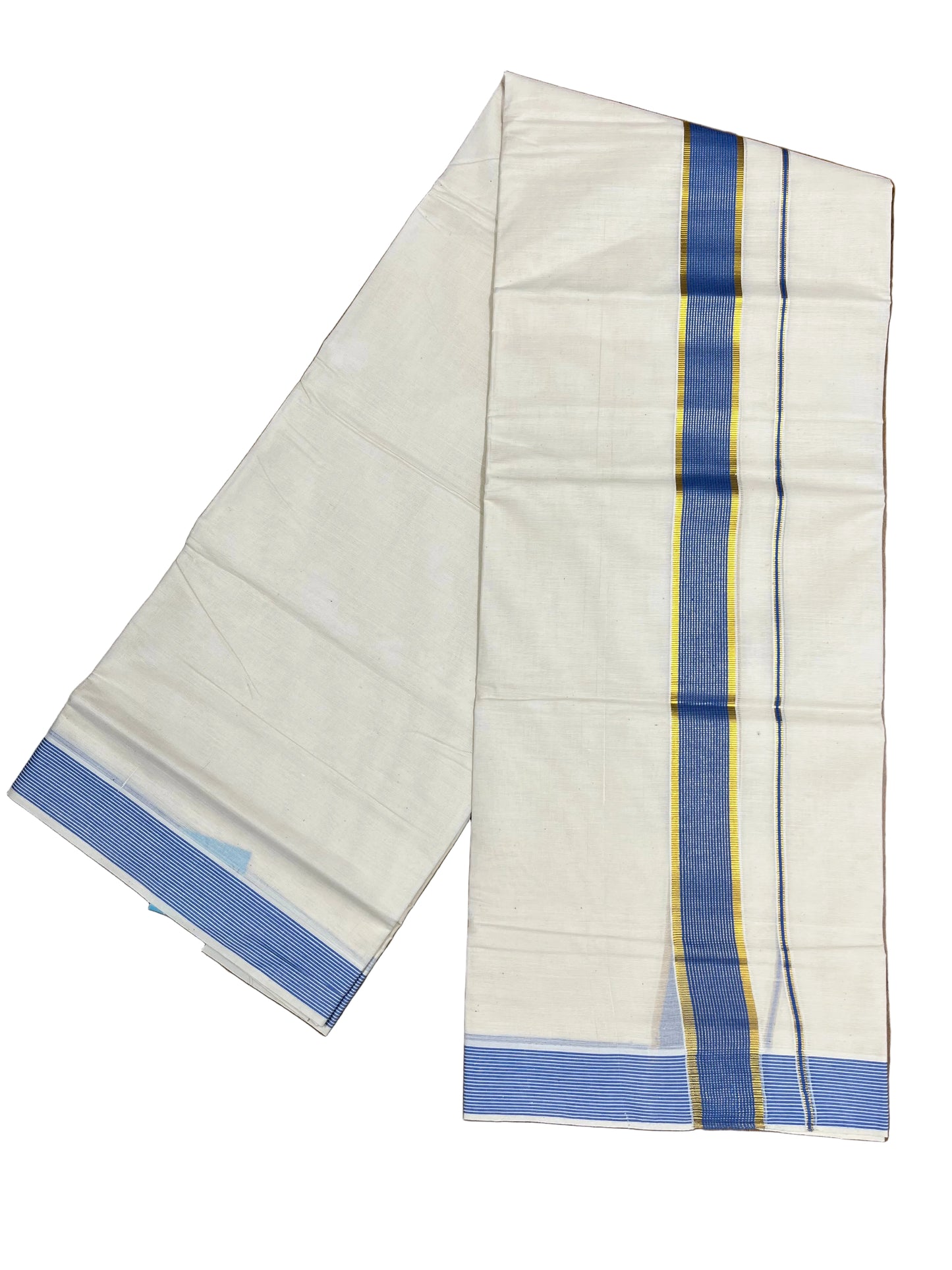 Southloom Pure Cotton Mundu with Blue lines Border (South Indian Kerala Dhoti)