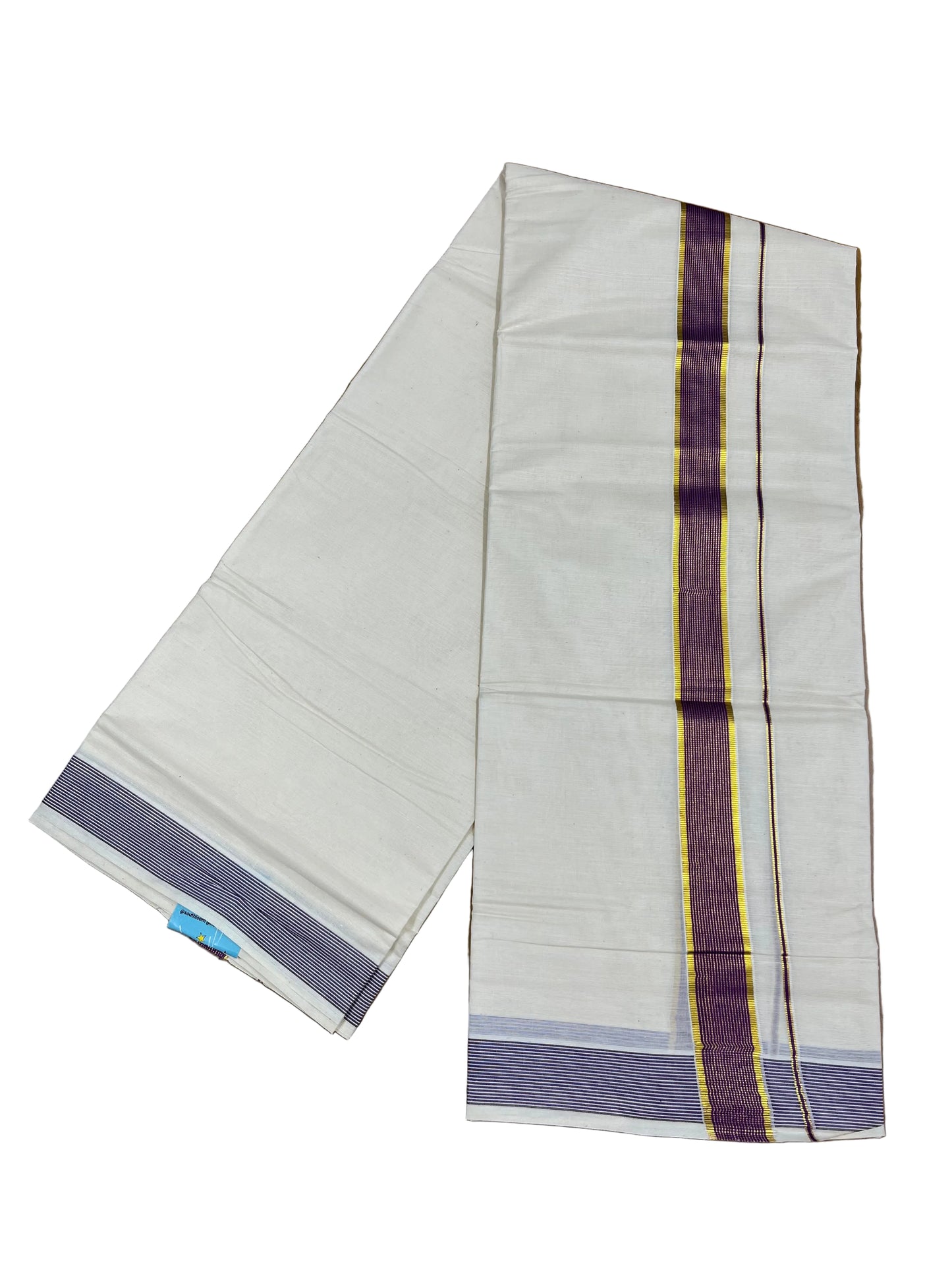 Southloom Pure Cotton Mundu with Purple Lines Border (South Indian Kerala Dhoti)