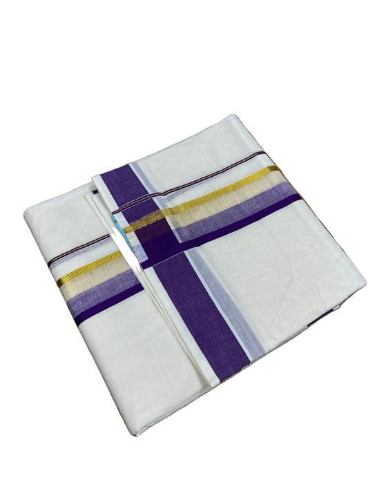 Southloom Pure Cotton Mundu with Violet & Gold Kasavu Border (South Indian Kerala Dhoti)